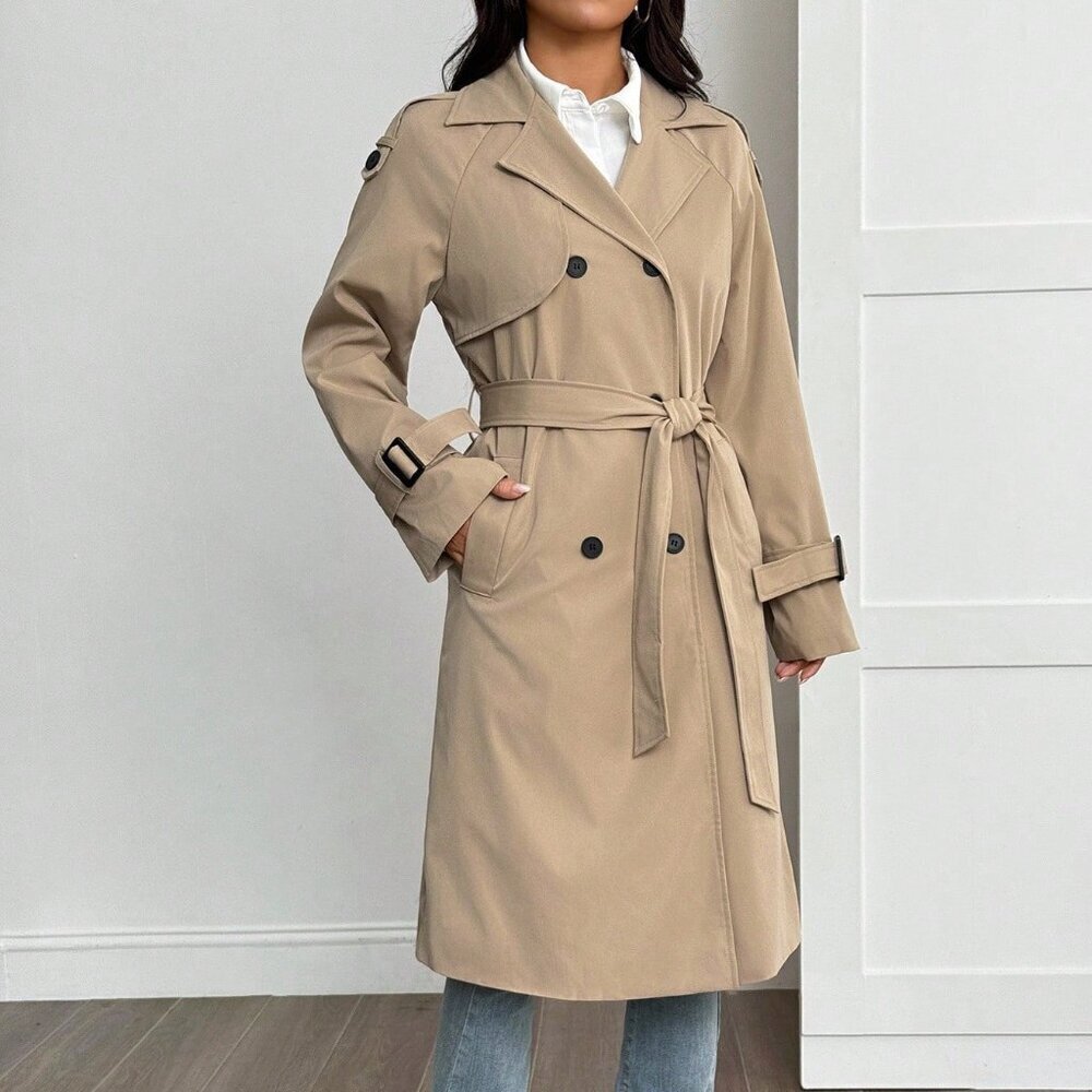 Khaki Casual Women's Frayed Decor Collegiate Style Trench Coat